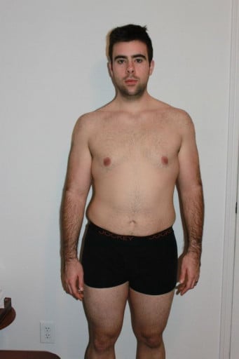 A before and after photo of a 6'1" male showing a snapshot of 215 pounds at a height of 6'1