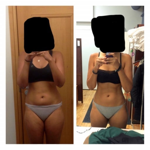 A before and after photo of a 5'9" female showing a weight reduction from 156 pounds to 145 pounds. A respectable loss of 11 pounds.
