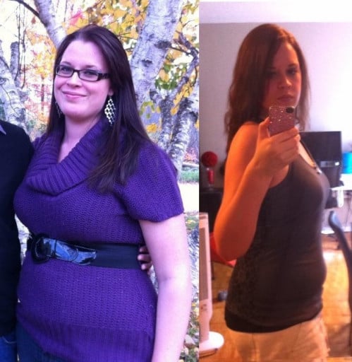 A photo of a 5'11" woman showing a weight cut from 228 pounds to 199 pounds. A total loss of 29 pounds.