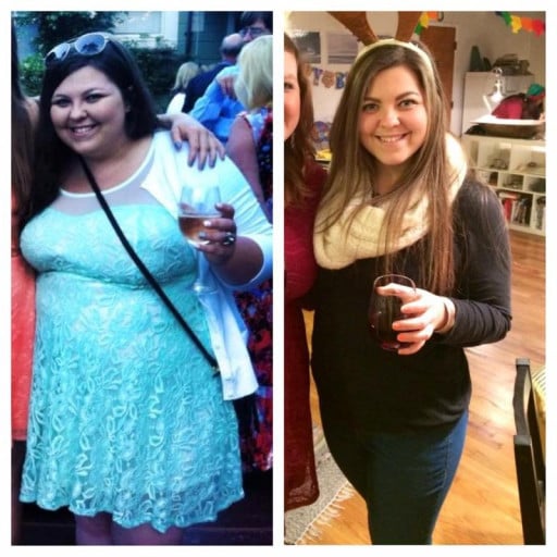 A picture of a 5'4" female showing a weight loss from 275 pounds to 170 pounds. A respectable loss of 105 pounds.