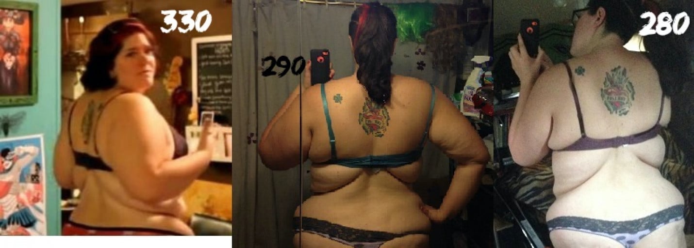 A progress pic of a 6'3" woman showing a weight cut from 330 pounds to 280 pounds. A net loss of 50 pounds.