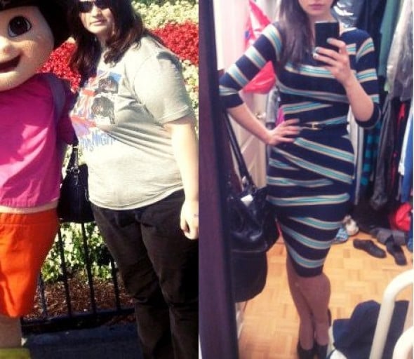 A before and after photo of a 5'5" female showing a weight reduction from 220 pounds to 120 pounds. A respectable loss of 100 pounds.