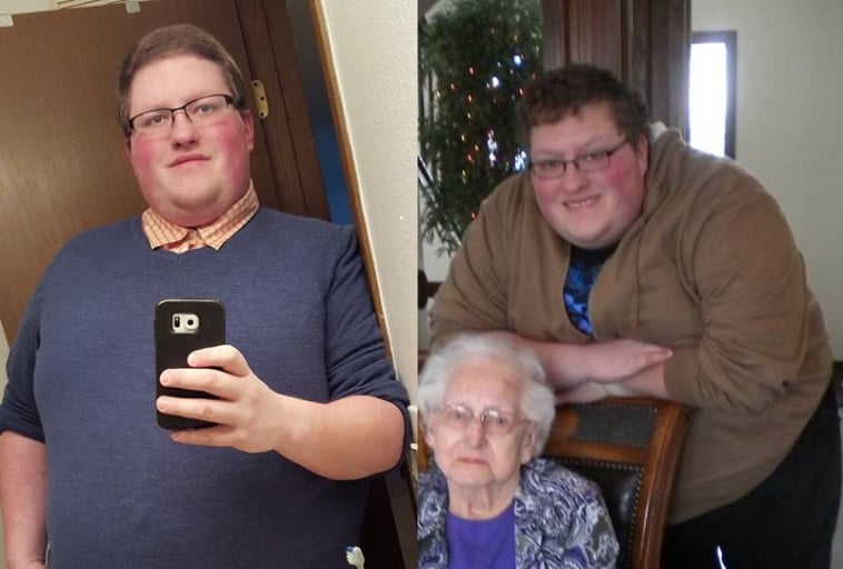 A progress pic of a 6'0" man showing a fat loss from 496 pounds to 411 pounds. A respectable loss of 85 pounds.