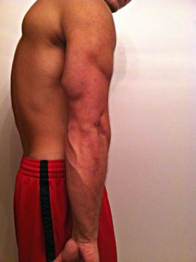A picture of a 5'9" male showing a muscle gain from 167 pounds to 189 pounds. A respectable gain of 22 pounds.