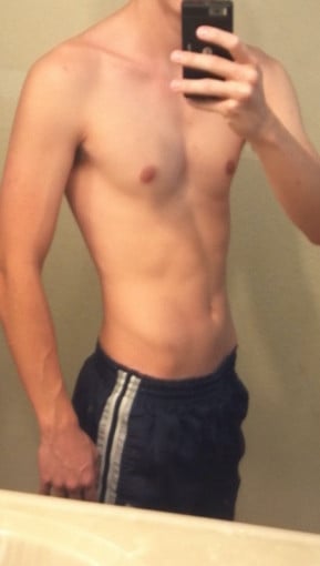 A progress pic of a 5'11" man showing a muscle gain from 125 pounds to 140 pounds. A total gain of 15 pounds.