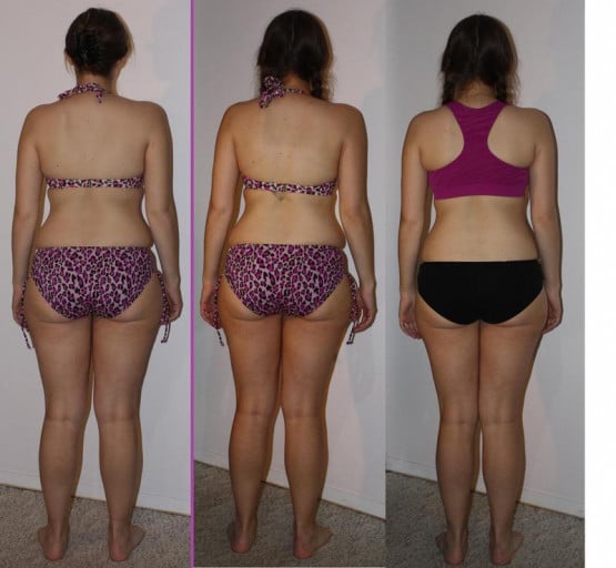 A before and after photo of a 5'4" female showing a weight loss from 135 pounds to 130 pounds. A net loss of 5 pounds.