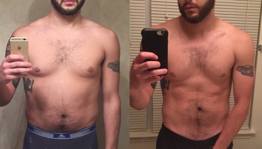 A before and after photo of a 5'8" male showing a weight reduction from 163 pounds to 155 pounds. A total loss of 8 pounds.