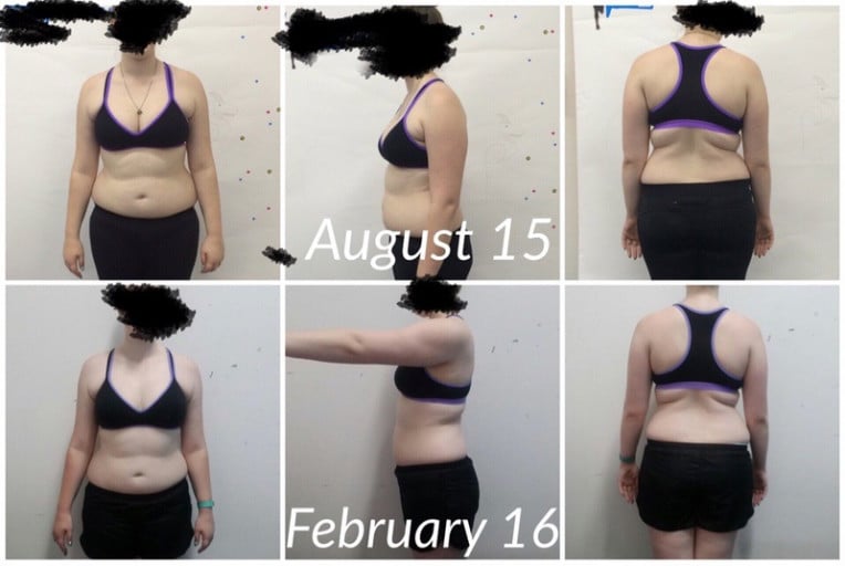 A before and after photo of a 6'0" female showing a weight reduction from 218 pounds to 211 pounds. A respectable loss of 7 pounds.