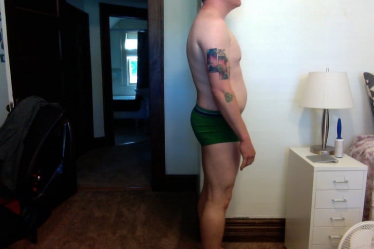 A before and after photo of a 5'8" male showing a snapshot of 190 pounds at a height of 5'8