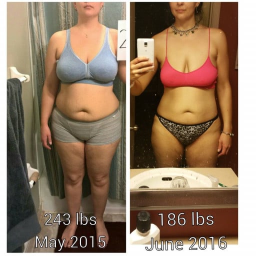 A picture of a 5'11" female showing a fat loss from 279 pounds to 186 pounds. A respectable loss of 93 pounds.