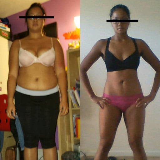 A before and after photo of a 5'5" female showing a weight loss from 178 pounds to 141 pounds. A respectable loss of 37 pounds.