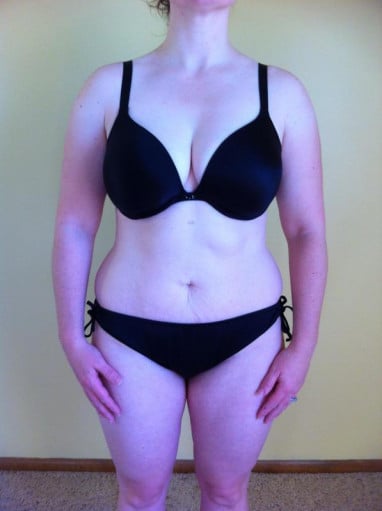 A progress pic of a 5'4" woman showing a snapshot of 144 pounds at a height of 5'4