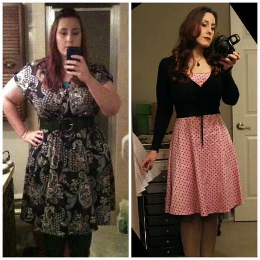 A progress pic of a 5'8" woman showing a fat loss from 252 pounds to 160 pounds. A respectable loss of 92 pounds.