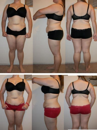 A before and after photo of a 5'3" female showing a weight reduction from 192 pounds to 179 pounds. A net loss of 13 pounds.