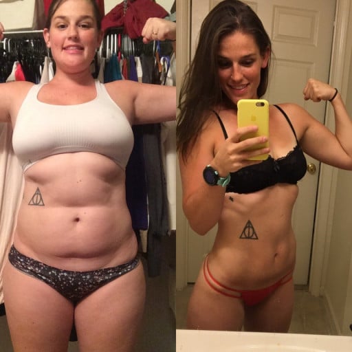 A progress pic of a 5'4" woman showing a fat loss from 178 pounds to 131 pounds. A respectable loss of 47 pounds.