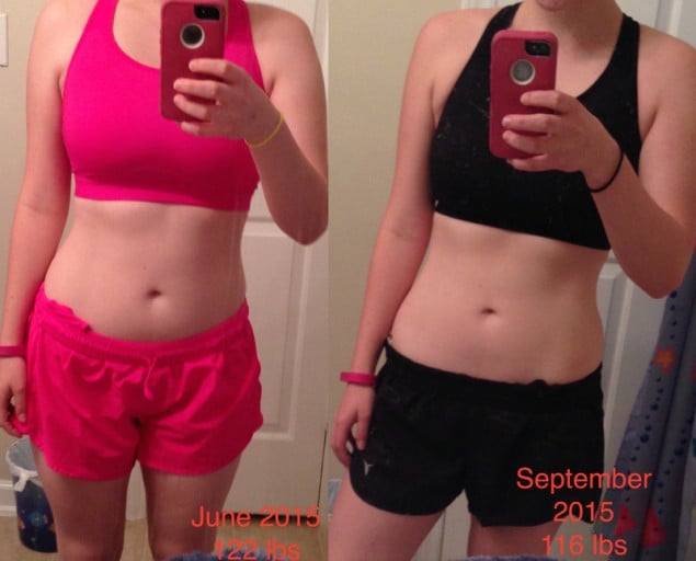 A before and after photo of a 5'2" female showing a weight cut from 130 pounds to 116 pounds. A respectable loss of 14 pounds.