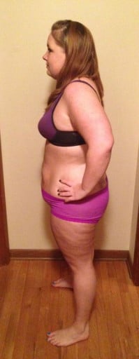 A photo of a 5'3" woman showing a weight loss from 235 pounds to 208 pounds. A respectable loss of 27 pounds.