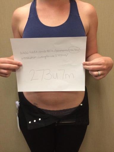 A photo of a 5'3" woman showing a snapshot of 145 pounds at a height of 5'3