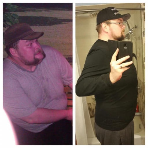 A before and after photo of a 6'5" male showing a fat loss from 420 pounds to 320 pounds. A total loss of 100 pounds.