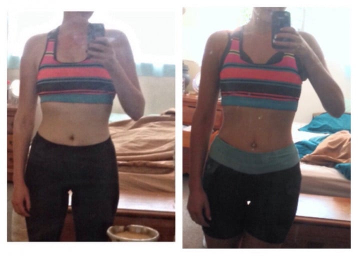 A progress pic of a 5'3" woman showing a fat loss from 123 pounds to 122 pounds. A total loss of 1 pounds.