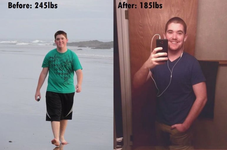 A before and after photo of a 5'9" male showing a weight reduction from 245 pounds to 185 pounds. A total loss of 60 pounds.