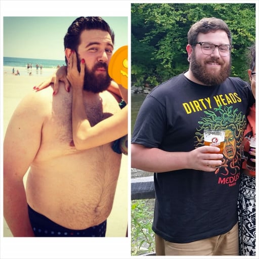A photo of a 5'7" man showing a weight loss from 235 pounds to 185 pounds. A respectable loss of 50 pounds.