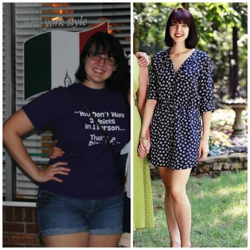 A progress pic of a 5'7" woman showing a fat loss from 175 pounds to 125 pounds. A net loss of 50 pounds.