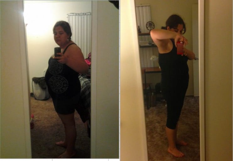 A before and after photo of a 5'2" female showing a weight reduction from 240 pounds to 191 pounds. A respectable loss of 49 pounds.