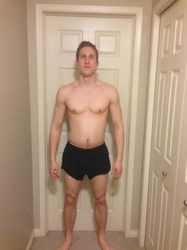 A picture of a 5'11" male showing a fat loss from 168 pounds to 157 pounds. A net loss of 11 pounds.