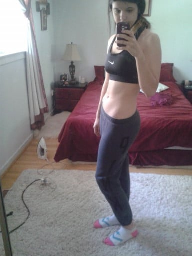 A progress pic of a 5'8" woman showing a weight cut from 173 pounds to 143 pounds. A total loss of 30 pounds.
