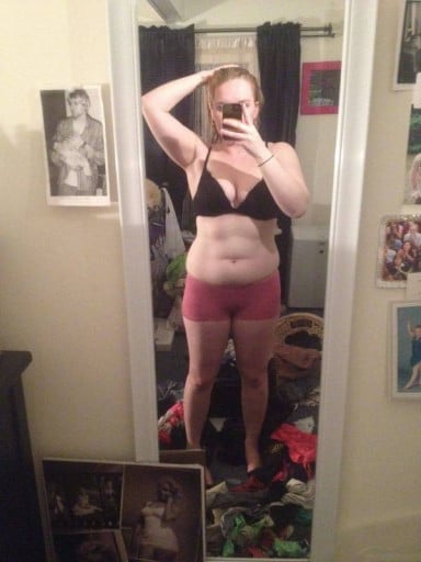 A before and after photo of a 5'5" female showing a snapshot of 162 pounds at a height of 5'5