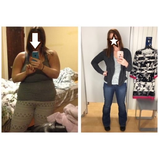 A picture of a 5'5" female showing a weight loss from 218 pounds to 148 pounds. A net loss of 70 pounds.
