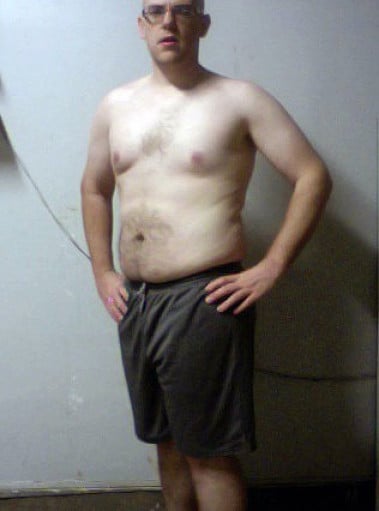 A before and after photo of a 5'11" male showing a weight cut from 230 pounds to 166 pounds. A net loss of 64 pounds.