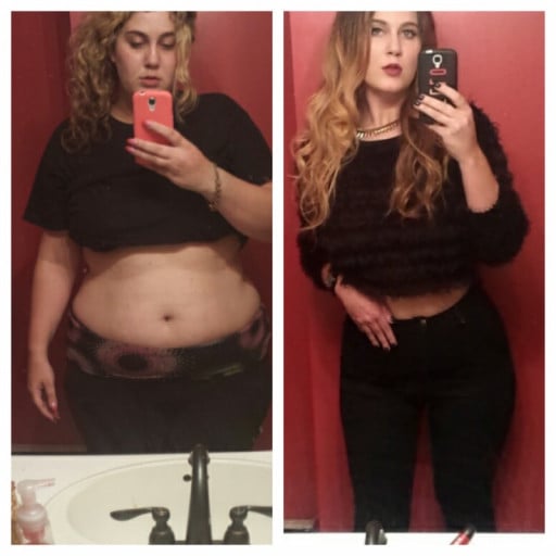 A photo of a 5'7" woman showing a weight cut from 252 pounds to 159 pounds. A net loss of 93 pounds.