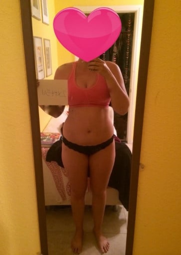 A progress pic of a 5'8" woman showing a snapshot of 165 pounds at a height of 5'8