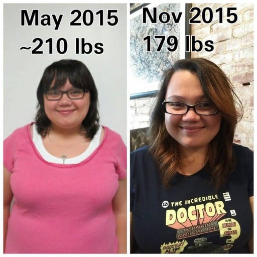 A picture of a 5'5" female showing a weight loss from 210 pounds to 179 pounds. A net loss of 31 pounds.