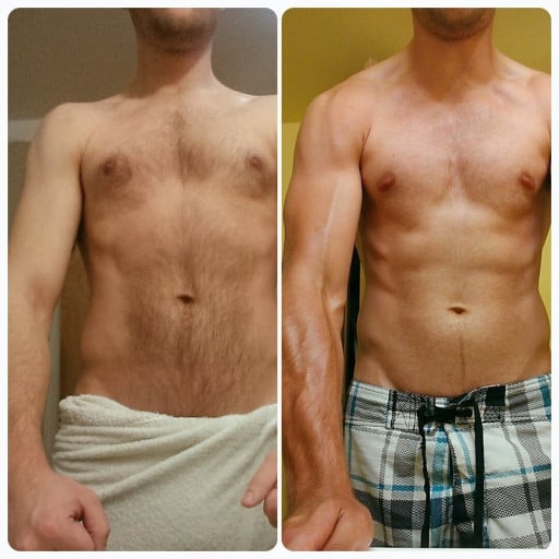 A before and after photo of a 5'10" male showing a weight gain from 147 pounds to 160 pounds. A total gain of 13 pounds.