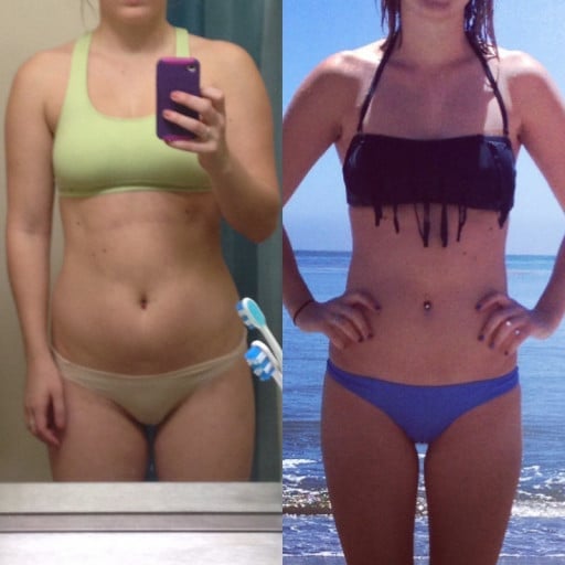 A picture of a 5'9" female showing a fat loss from 158 pounds to 135 pounds. A net loss of 23 pounds.