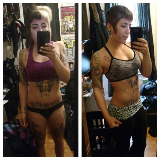 A progress pic of a 5'3" woman showing a weight bulk from 130 pounds to 138 pounds. A respectable gain of 8 pounds.