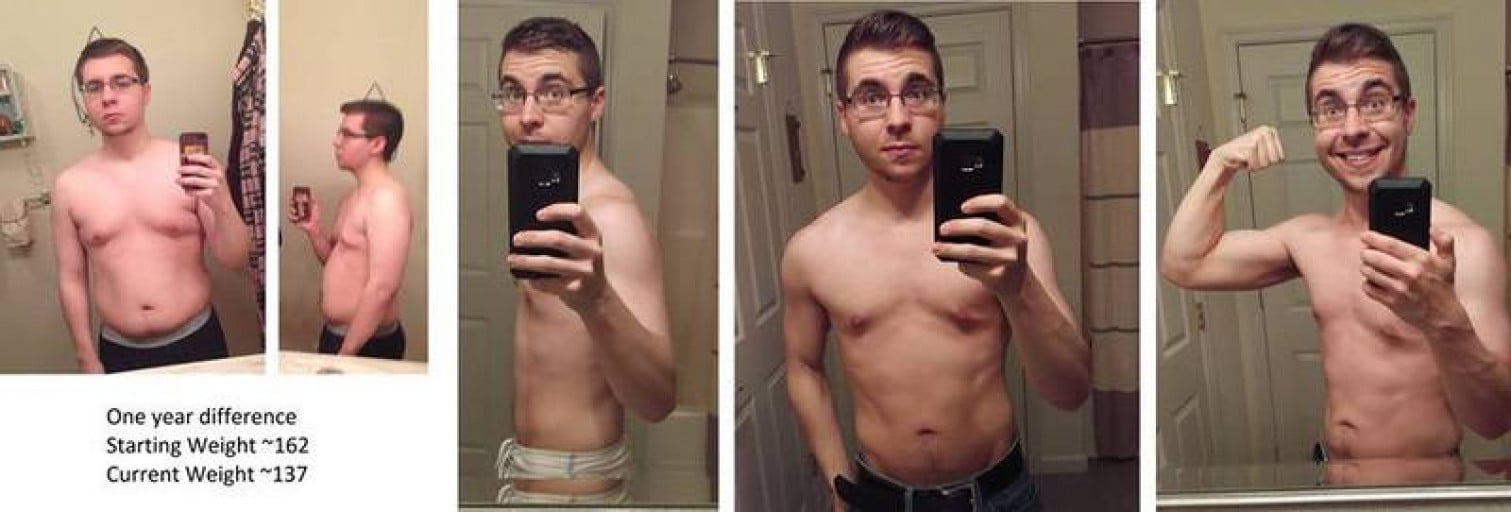 A photo of a 5'6" man showing a weight cut from 162 pounds to 137 pounds. A total loss of 25 pounds.