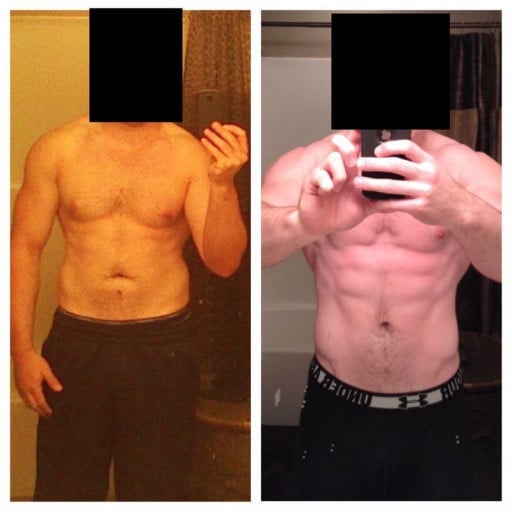 A before and after photo of a 5'9" male showing a weight cut from 216 pounds to 203 pounds. A respectable loss of 13 pounds.