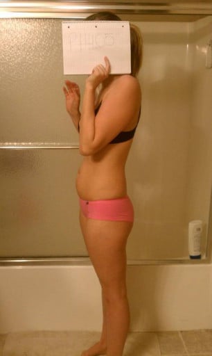 A before and after photo of a 5'5" female showing a snapshot of 132 pounds at a height of 5'5