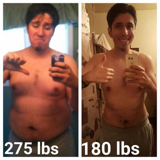 A before and after photo of a 6'1" male showing a weight reduction from 275 pounds to 180 pounds. A total loss of 95 pounds.