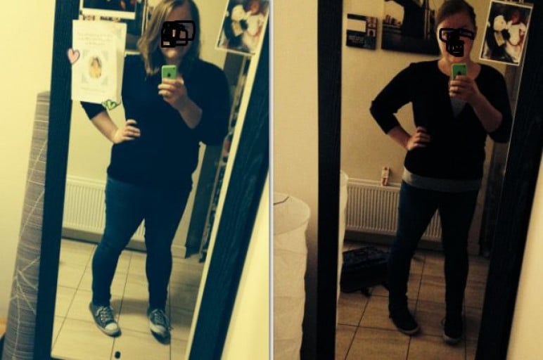 A progress pic of a 5'7" woman showing a fat loss from 250 pounds to 207 pounds. A total loss of 43 pounds.