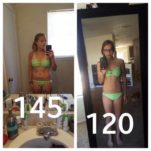 A picture of a 5'5" female showing a weight loss from 145 pounds to 120 pounds. A total loss of 25 pounds.