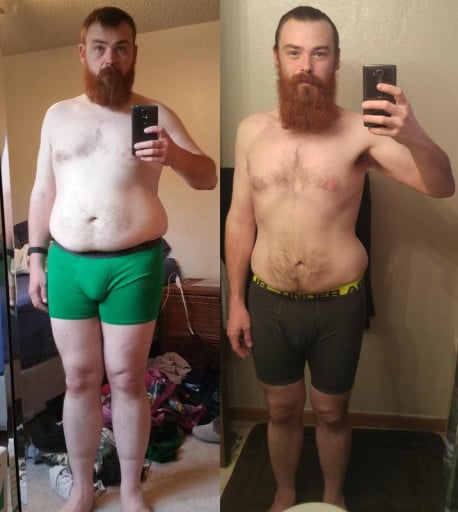 A photo of a 5'11" man showing a weight reduction from 254 pounds to 177 pounds. A net loss of 77 pounds.