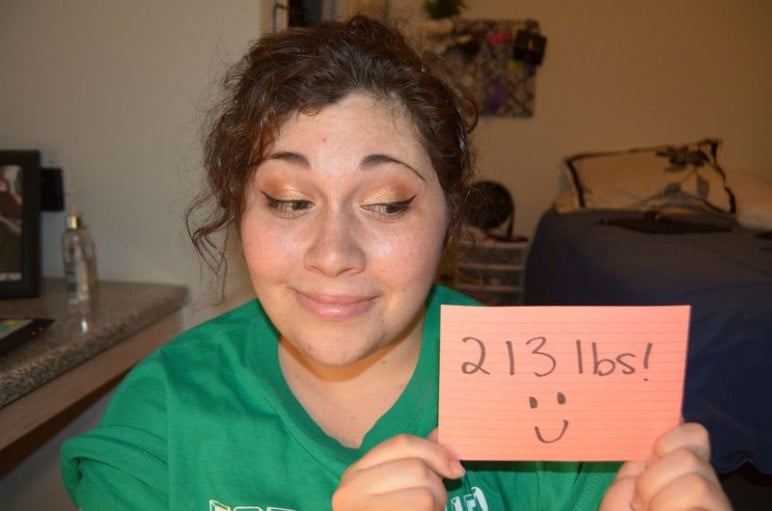 A picture of a 5'3" female showing a fat loss from 230 pounds to 213 pounds. A respectable loss of 17 pounds.