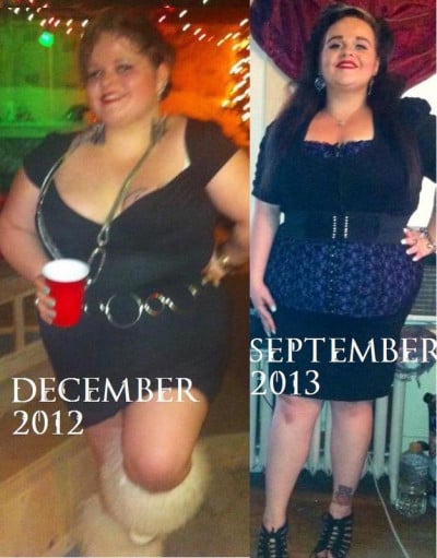 A photo of a 5'3" woman showing a weight cut from 290 pounds to 229 pounds. A net loss of 61 pounds.