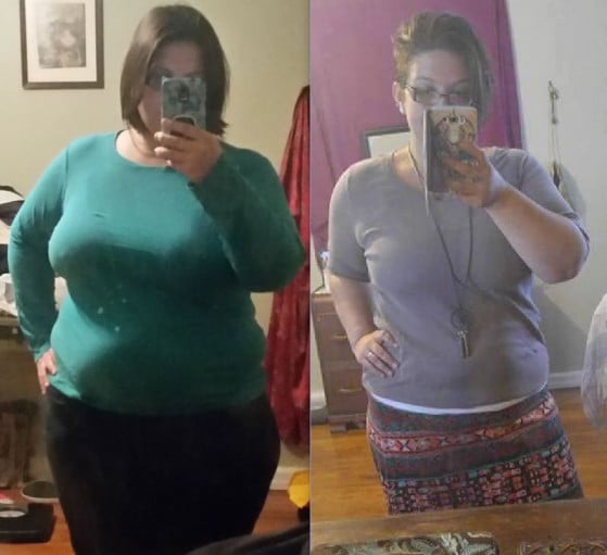 A photo of a 5'6" woman showing a weight cut from 290 pounds to 243 pounds. A respectable loss of 47 pounds.