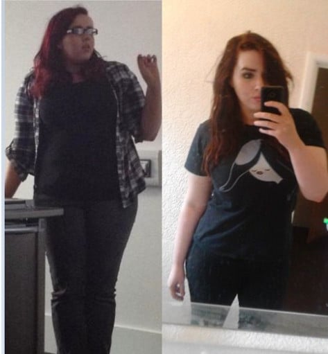 A progress pic of a 5'8" woman showing a fat loss from 228 pounds to 192 pounds. A respectable loss of 36 pounds.